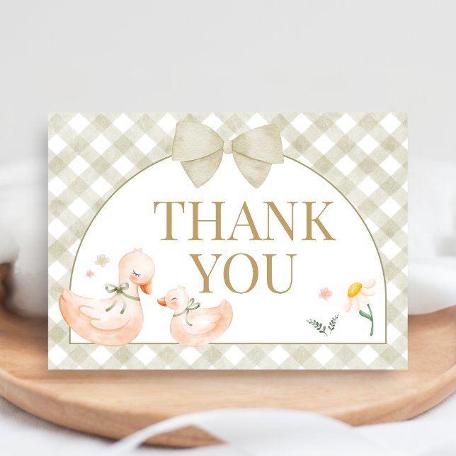 Sage Green Gingham Silly Goose Baby Shower Thank You Card (Silly Goose Baby Shower Thank You Card)