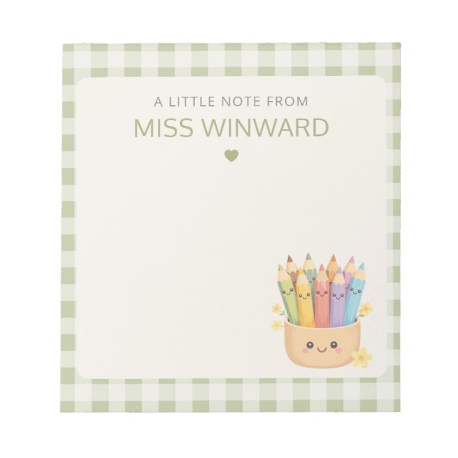 Sage Green Gingham Teacher Note Card Cute Pencils (Front)
