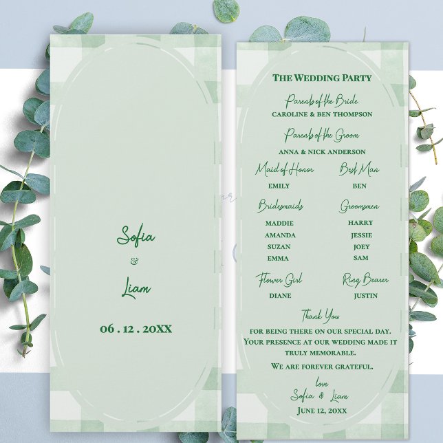 Sage Green Gingham Wedding Ceremony Program (Sage Green Gingham Wedding Program | Garden Party Ceremony Program Card)