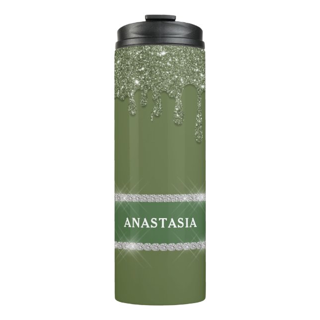Sage Green Glitter Drip Sparkling Diamond  Thermal Tumbler (Front)