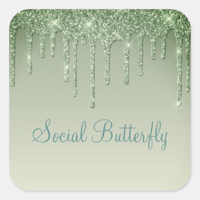 Sage Green Glitter Social Butterfly Typography Square Sticker (Front)