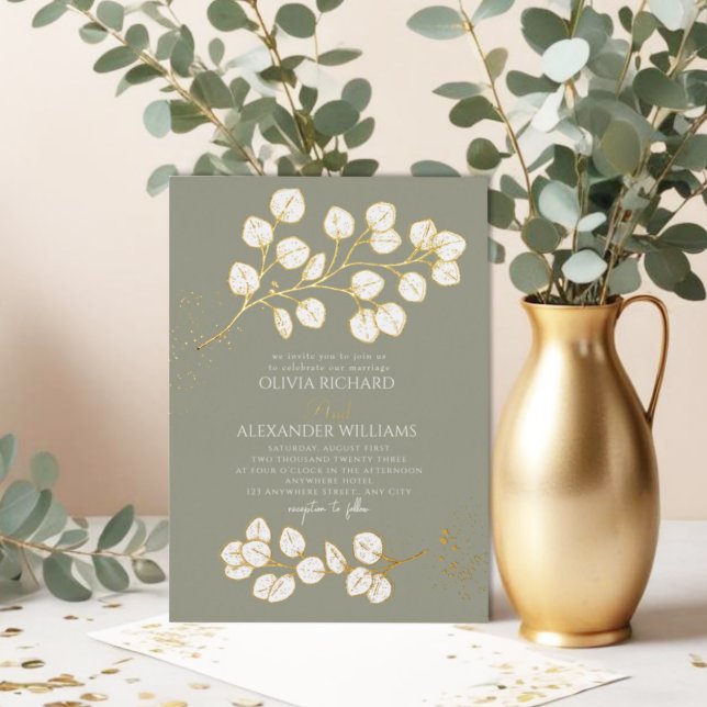 Sage Green Glod Mariage Real Foil Invitation (Créateur téléchargé)