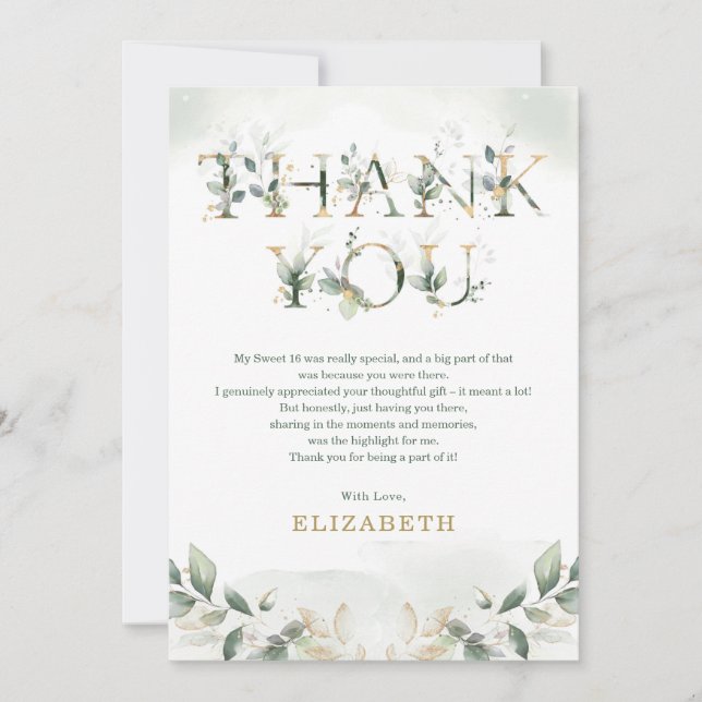 Sage Green Gold 16e Carte de remerciements d'anniv (Devant)