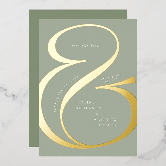 Sage Green Gold Ampersand Typography Save Date (Front/Back)
