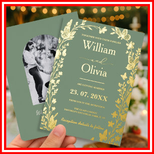 Sage Green Gold Boho Floral Photo Wedding Foil Inv