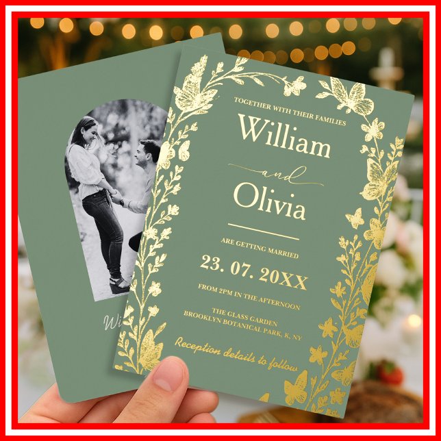 Sage Green Gold Boho Floral Photo Wedding Foil Inv (Creator Uploaded)