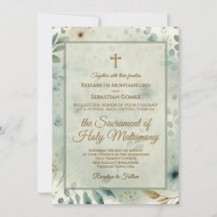 Sage Green & Gold Boho Medley Catholic Wedding Invitation