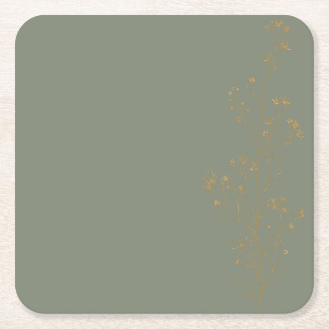 Sage Green Gold Botanical Wedding Paper Coaster (Front)