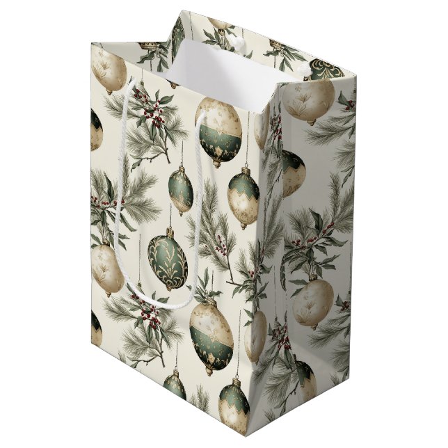 Sage Green Gold Christmas Ornaments Wine Small and Medium Gift Bag (Front Angled)