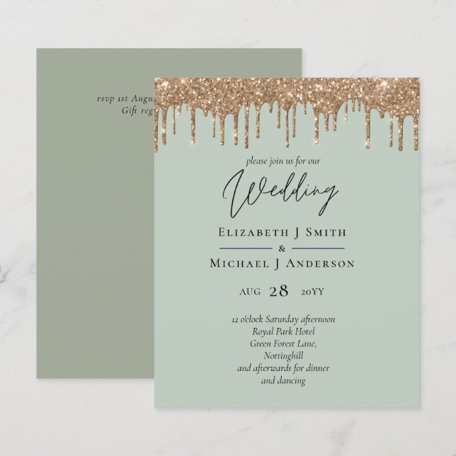 Sage Green Gold Dripping Glitter Wedding Script (Front/Back)
