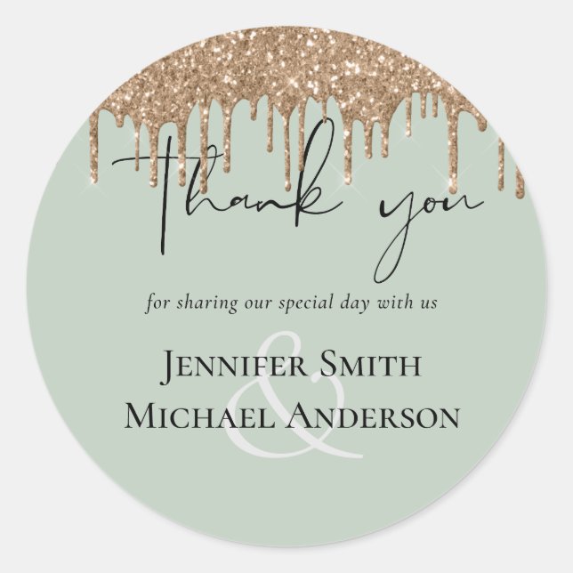 Sage Green Gold Dripping Glitter Wedding Script Classic Round Sticker (Front)