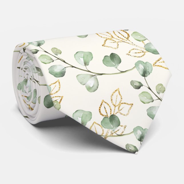 Sage Green & Gold Eucalyptus Creamy White Wedding Tie (Rolled)