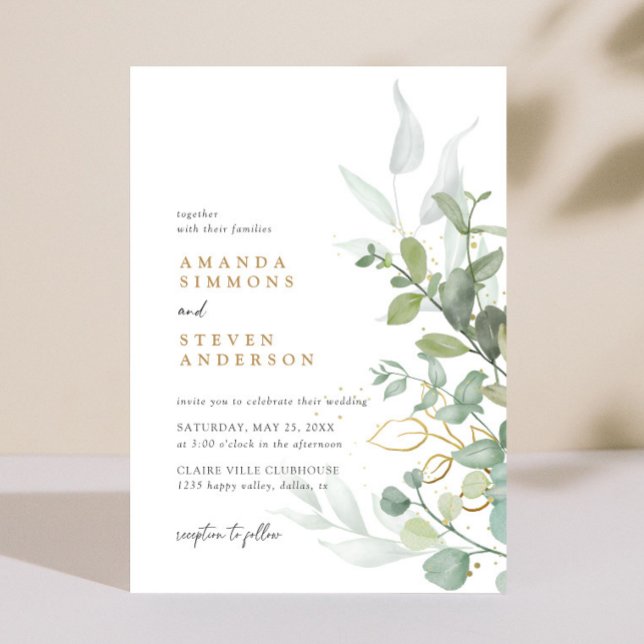 Sage Green Gold Eucalyptus Greenery Boho Wedding Invitation (Creator Uploaded)