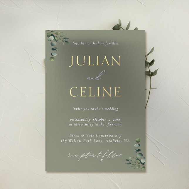 Sage Green Gold Eucalyptus Greenery Gold Wedding (sage green wedding invitation gold foil eucalyptus greenery modern classic simple clean elegant)