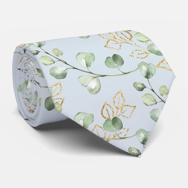 Sage Green & Gold Eucalyptus Light Blue Wedding Tie (Rolled)