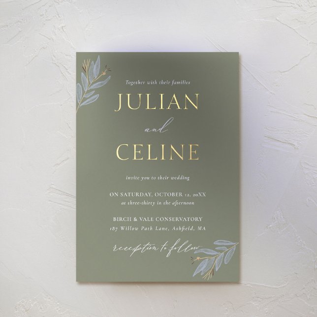 Sage Green Gold Fall Winter Greenery Wedding (sage green wedding invitation gold minimal greenery modern classic simple elegant fall winter)
