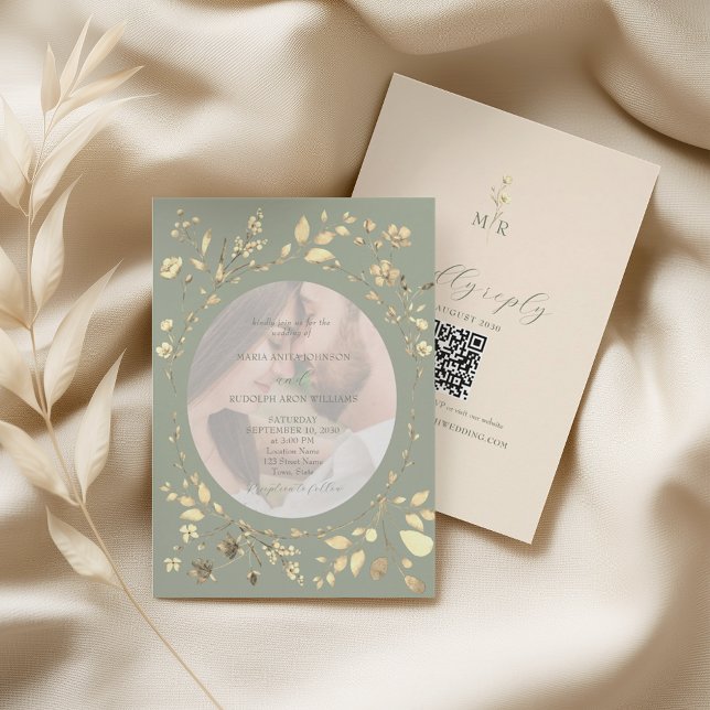 Sage Green Gold Floral Photo Wedding Invitation (Creator Uploaded)
