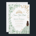 Sage Green Gold Floral Quinceanera Save The Date<br><div class="desc">Sage Green gold and white floral Quinceanera celebration Save the Date card. Features brunette girl in ball gown dress,  script font,  gold butterflies,  roses and tiara. Perfect for an elegant princess style glam celebration. Personalize with your own details. Printed Zazzle cards or instant download digital printable template.</div>