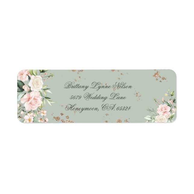 Sage Green Gold Floral Wedding Return Address (Front)