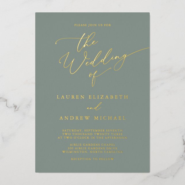 Sage Green Gold Foil Monogram Minimalist Wedding (Front)