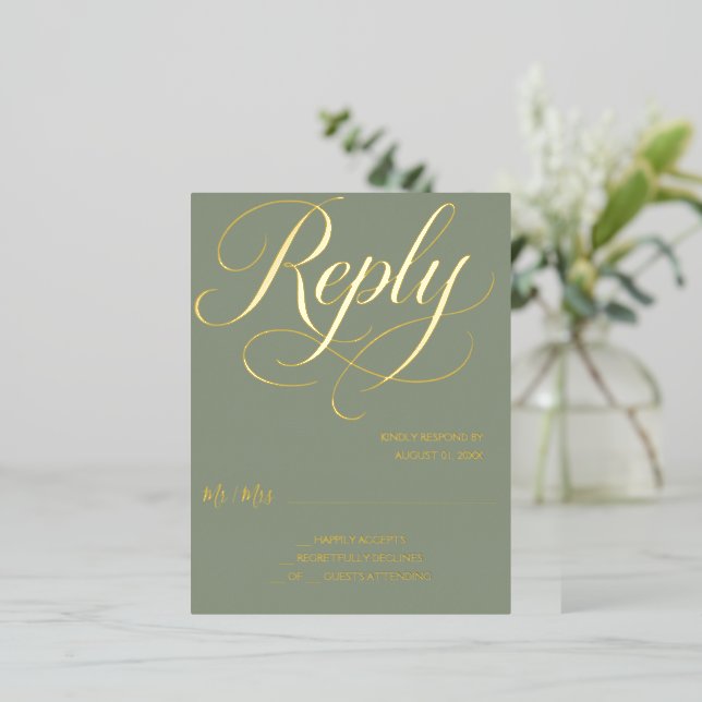 Sage Green Gold Foil RSVP Card (Standing Front)