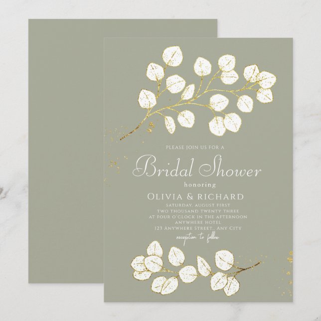 Sage Green Gold Geenery Eucalyptus Leaves  Invitation (Front/Back)