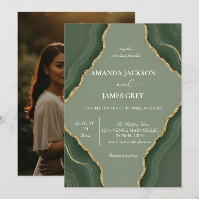Sage Green Gold Geode Photo Back Wedding  Invitation (Front/Back)