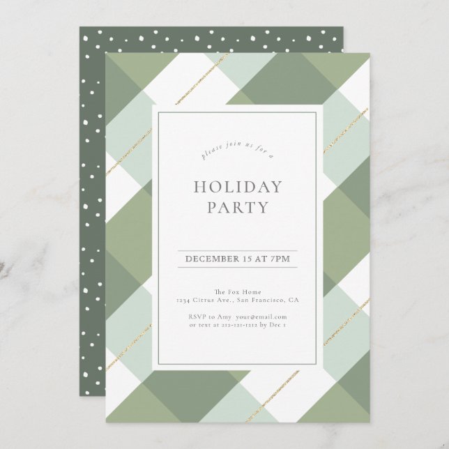 Sage Green & Gold Gingham Christmas Holiday Party Invitation (Front/Back)
