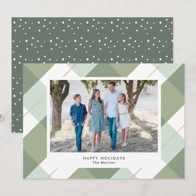 Sage Green & Gold Gingham Plaid Photo Holiday Card (Front/Back)