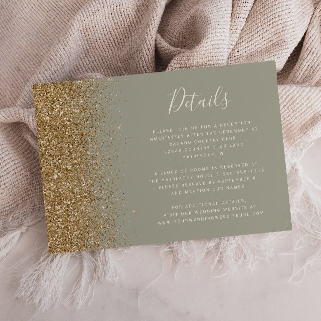 Sage Green Gold Glitter Edge Wedding Details Enclosure Card (Creator Uploaded)