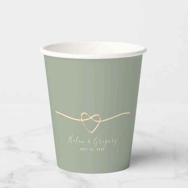 Sage Green & Gold Heart Wedding Paper Cups (Front)