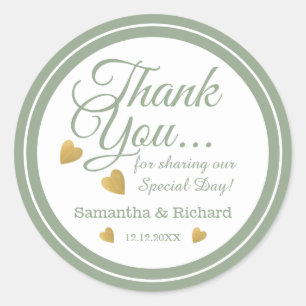 Sage Green Gold Heart Wedding Thank You Favour     Classic Round Sticker