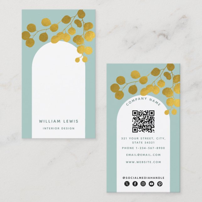 Sage Green Gold Leaves Modern Arch QR Code  Business Card (Front/Back)