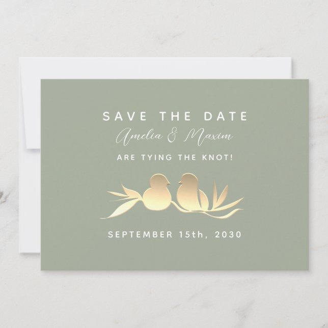 Sage Green Gold Lovebirds Save The Date (Front)