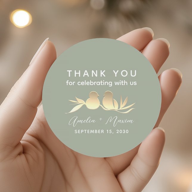 Sage Green Gold Lovebirds Wedding Classic Round Sticker (Creator Uploaded)