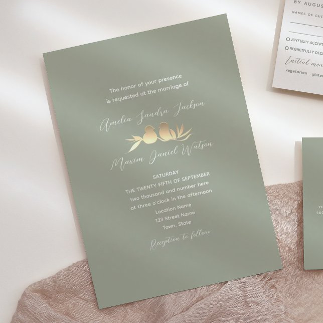 Sage Green Gold Lovebirds Wedding Invitation (Creator Uploaded)
