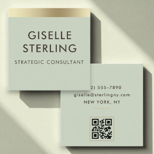 Sage Green Gold Metallic QR Code Square Business Card