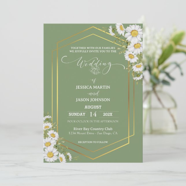 Sage Green Gold Minimalist Floral Wedding  Invitation (Standing Front)