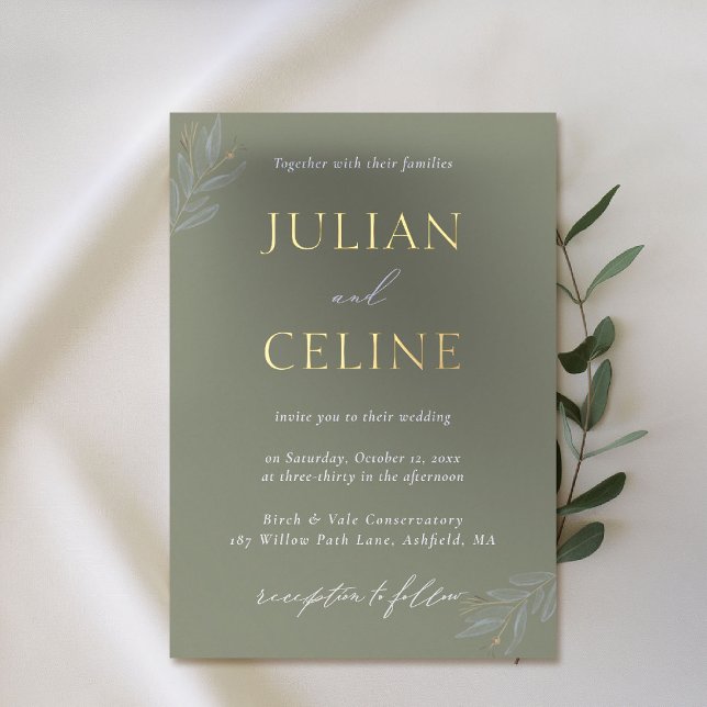 Sage Green Gold Minimalist Greenery Gold Wedding (sage green wedding invitation gold foil minimalist greenery modern classic simple clean elegant luxe)