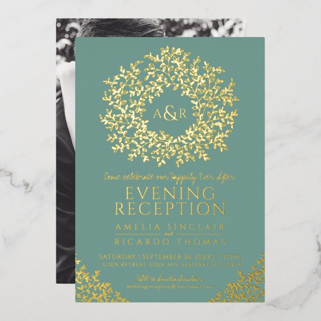 Sage green gold monogram wedding reception photo (Front/Back)