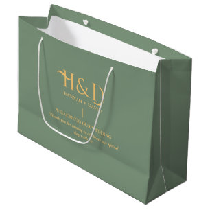 Sage green & Gold Monogram Wedding Welcome Guest Large Gift Bag