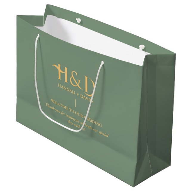 Sage green & Gold Monogram Wedding Welcome Guest  Large Gift Bag (Front Angled)