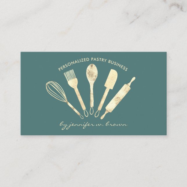 Sage Green Gold Pastry Chef Home Bakery Business Card (Front)