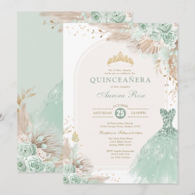 Sage Green Gold Quinceañera Boho 15th Birthday Invitation (Front/Back)