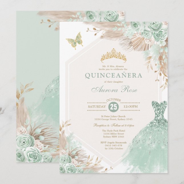 Sage Green Gold Quinceañera Boho Floral Birthday Invitation (Front/Back)