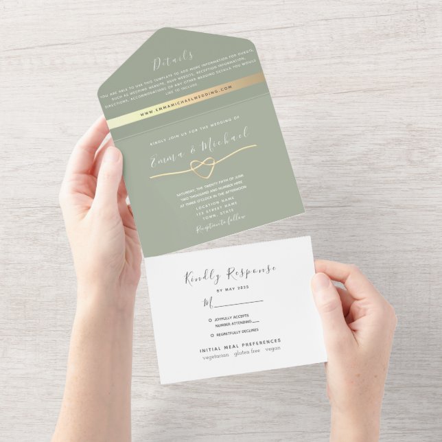 Sage Green Gold Rope Heart Wedding All In One Invitation (Tearaway)