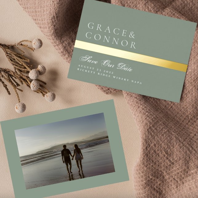 Sage Green GOLD Stripe Photo Save The Date (Creator Uploaded)