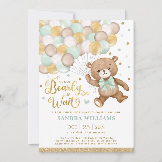 Sage Green Gold Teddy Bear Neutral Baby Shower Invitation (Front)