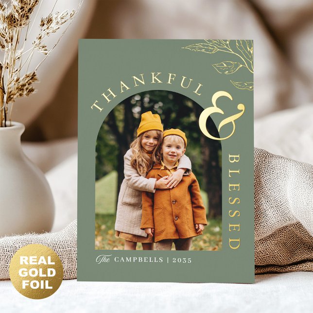 Sage Green Gold Thankful & Blessed Thanksgiving Foil Holiday Card (Creator Uploaded)