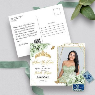Sage Green & Gold Tiara Quinceañera Photo Carte Po